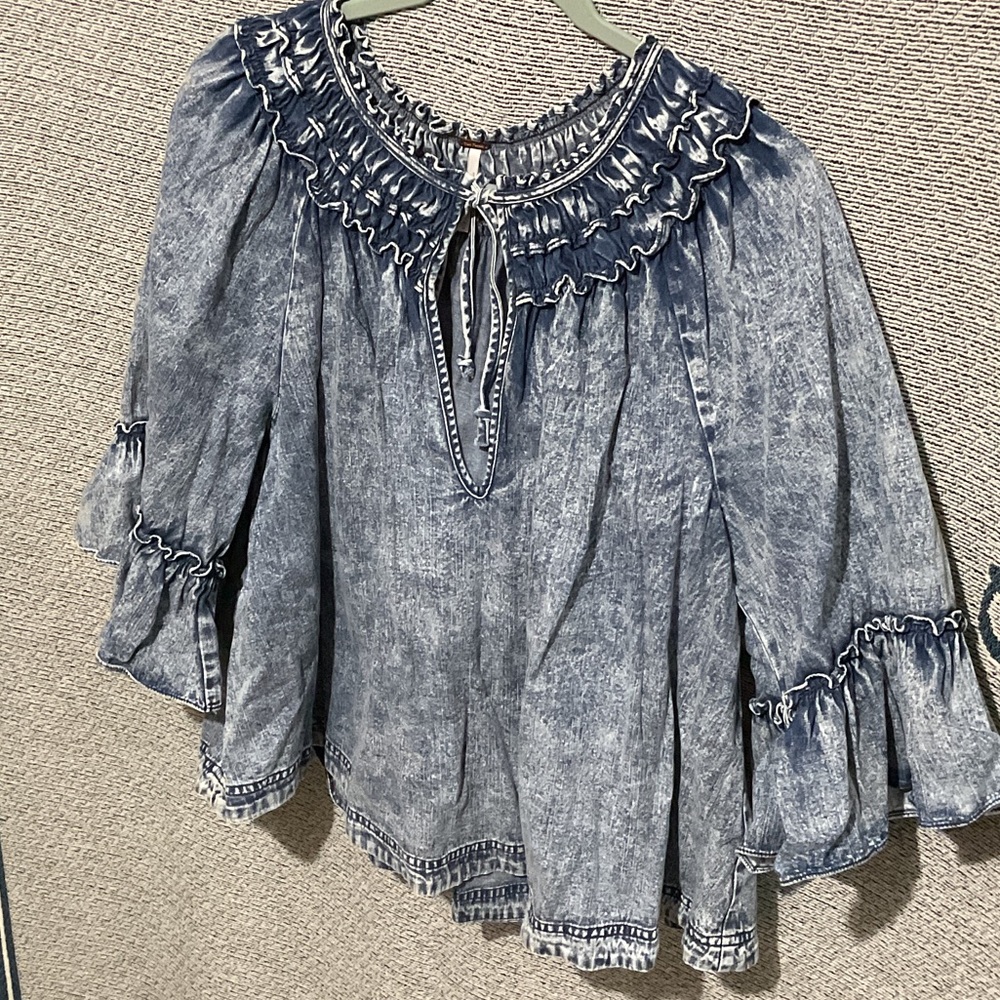 Free People Blue Washed Denim Peasant Blouse - Picture 1 of 7